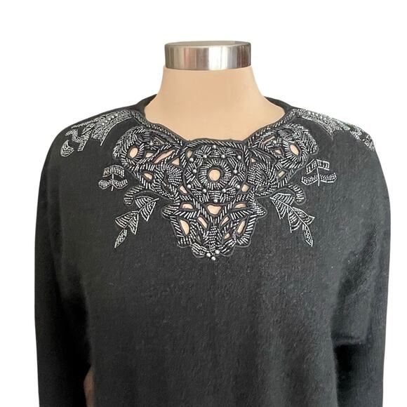 I.B. Diffusion VTG Silk Angora Lambswool Black Beaded Sweater Size L Glam Goth - Picture 2 of 10